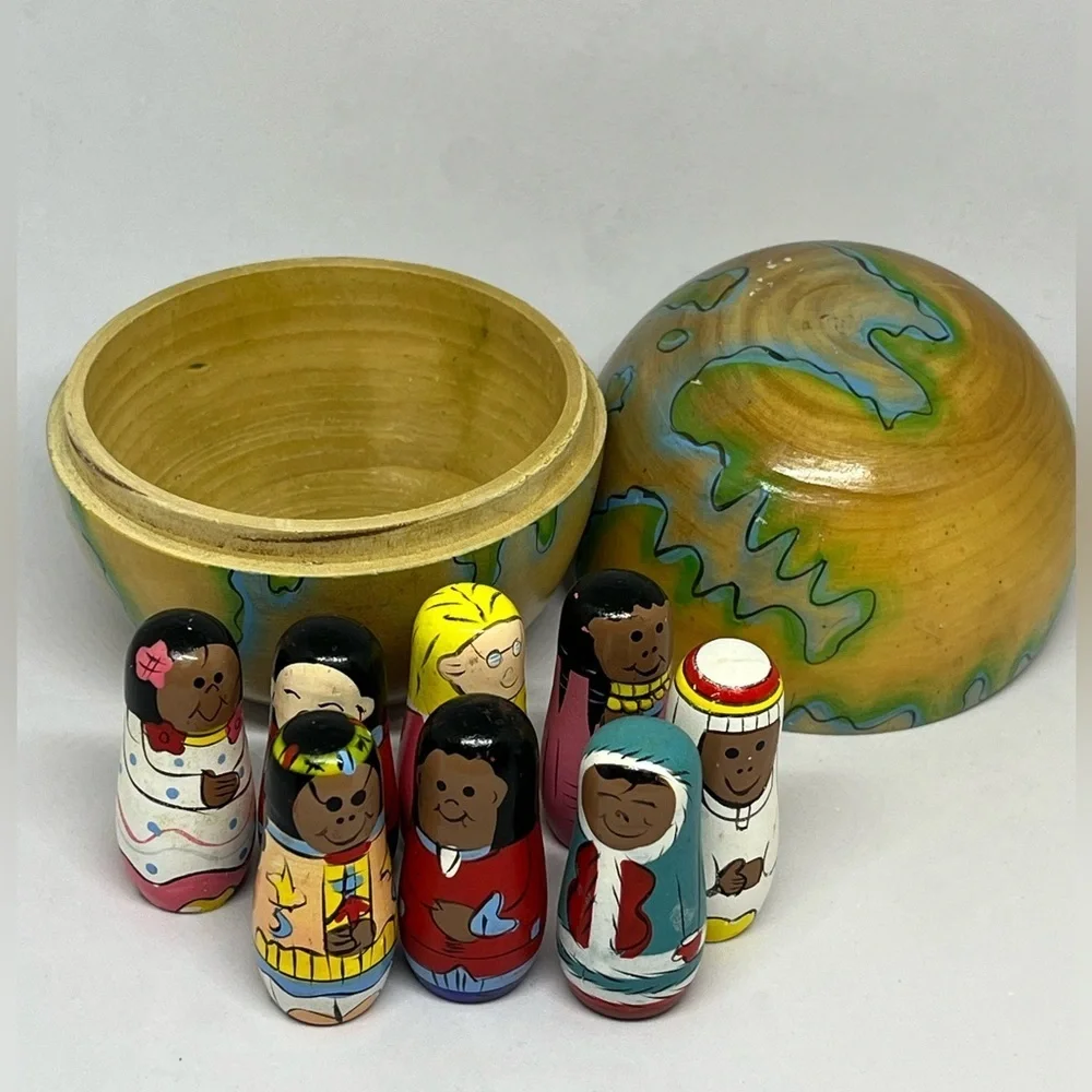Hand-Painted Wooden Nesting Dolls with Globe Case: